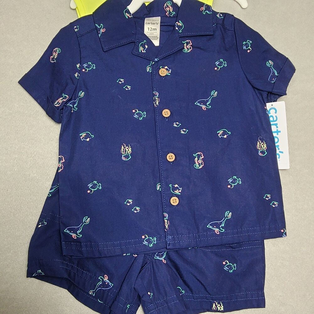 Carters Baby Boy Button Up Shirt, Shorts, Bodysuit 3pc Set Beach Summer Fish 12M